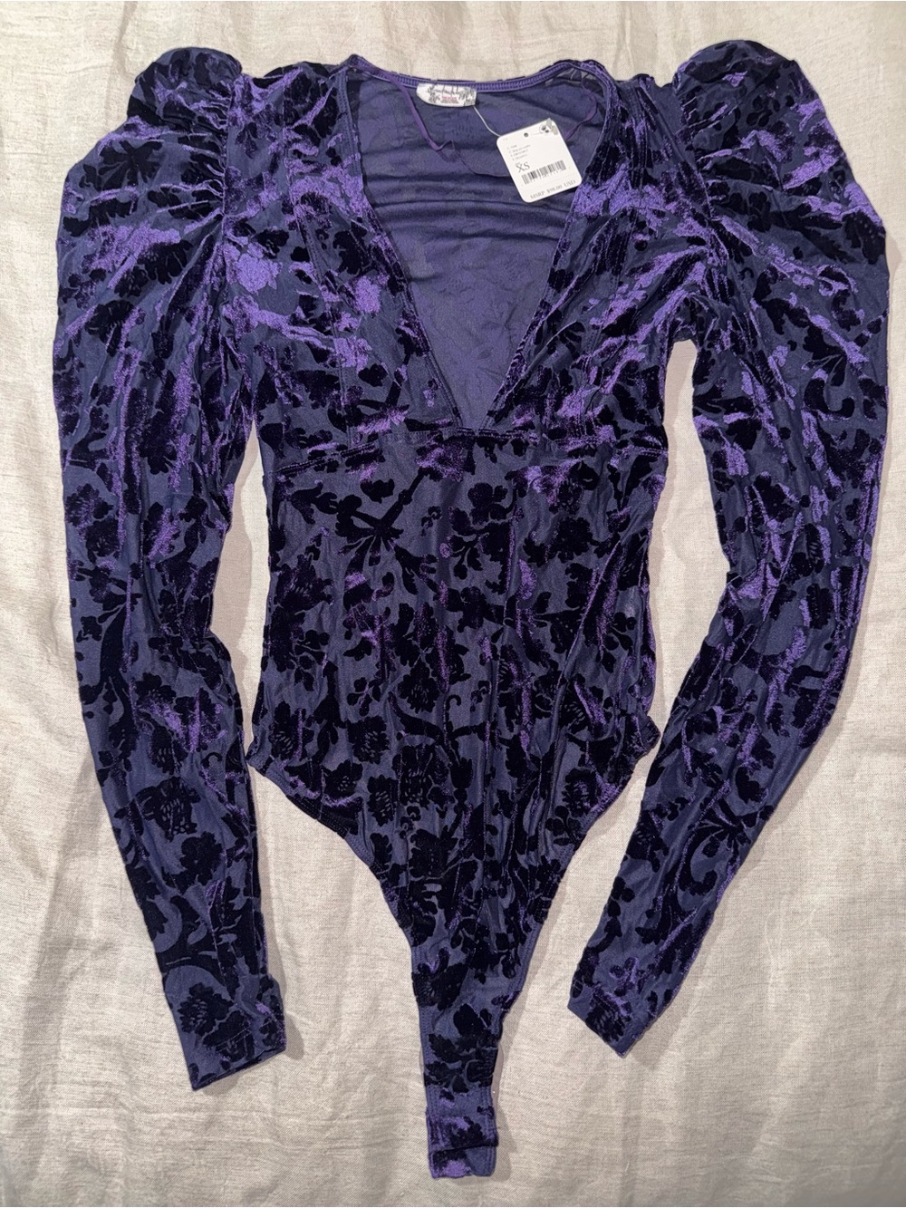 Free People Magic Hour Deep Purple Velvet Floral Bodysuit Size XS Nwt
